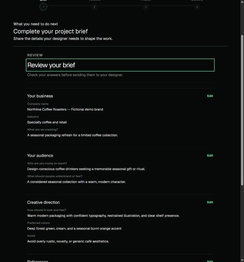 Client brief form used to collect project input and assets.