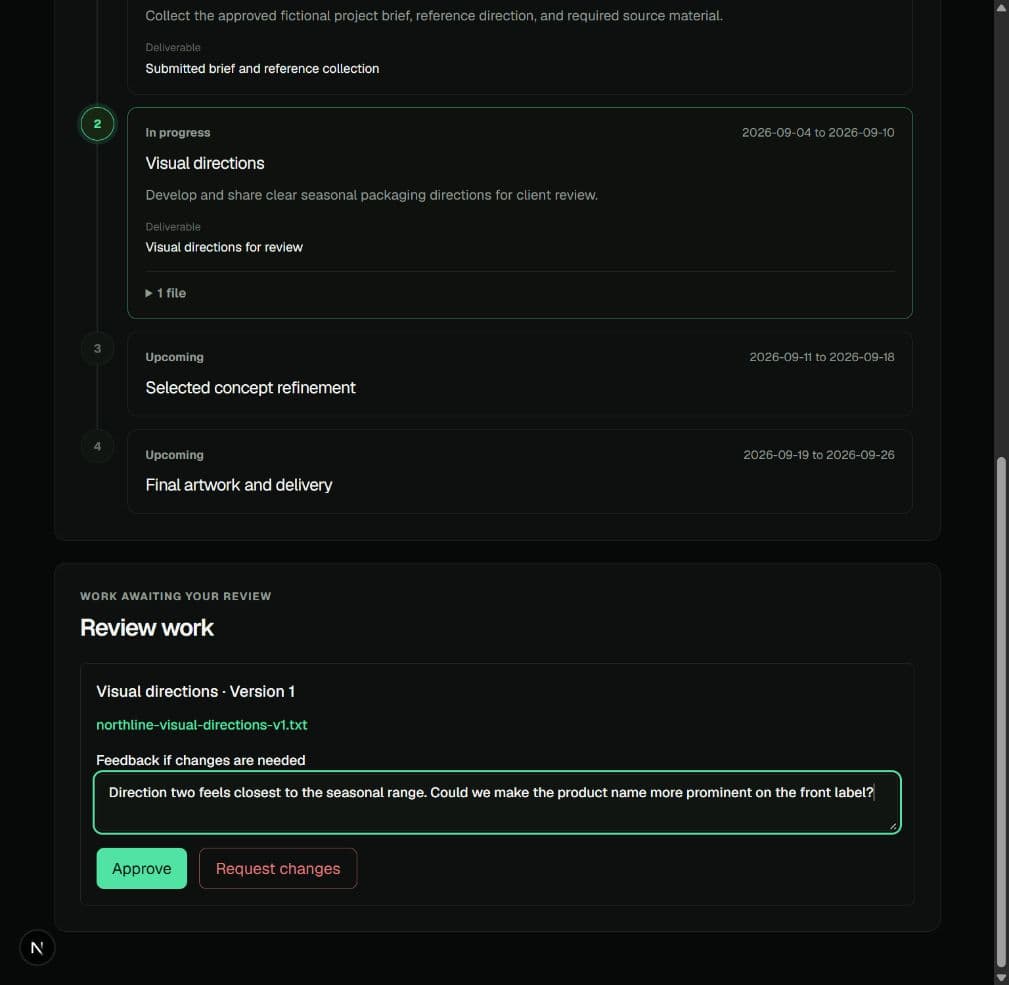 Client review workspace showing shared design work and feedback controls.
