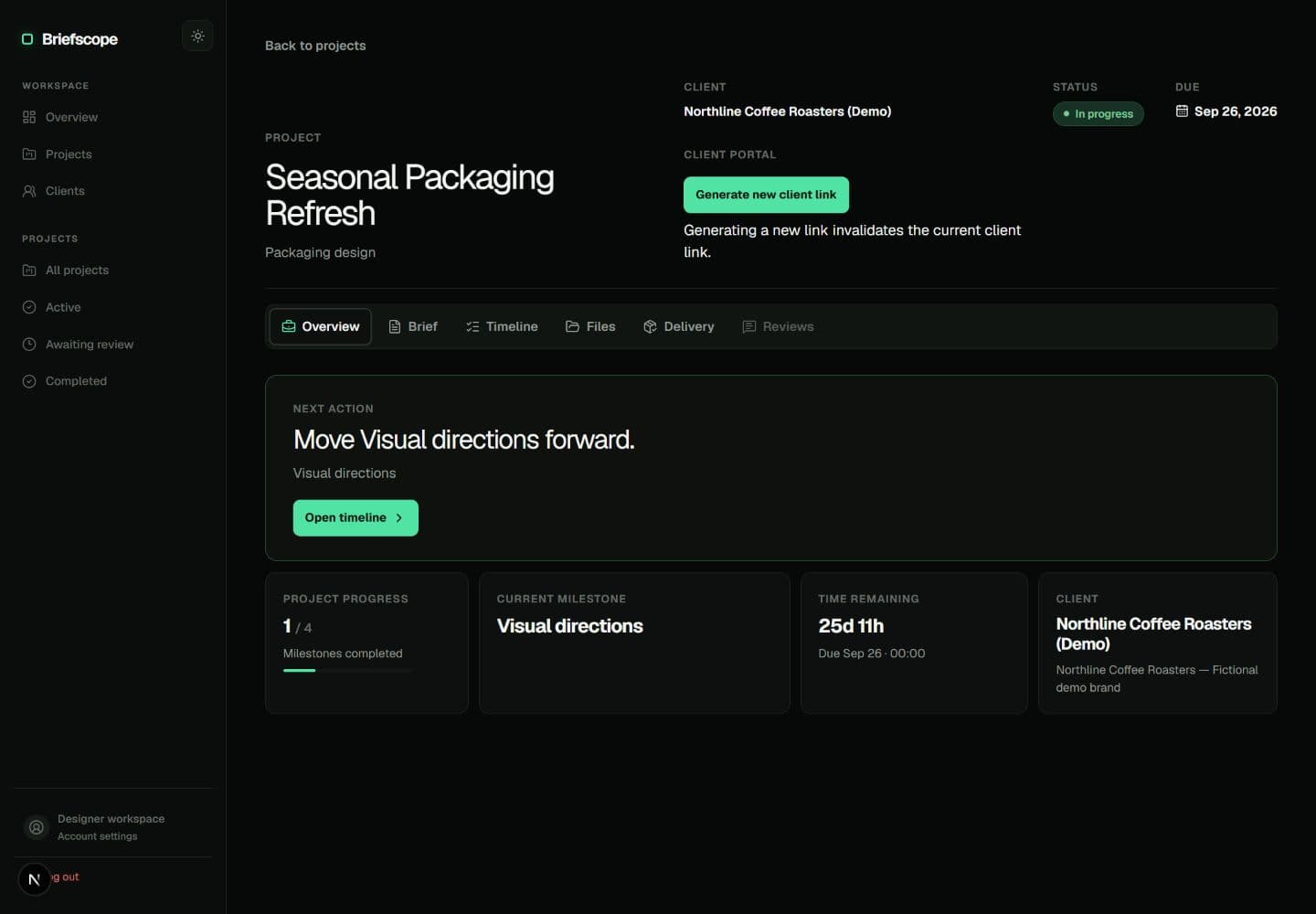 Designer project overview showing the project plan, progress, and next actions.